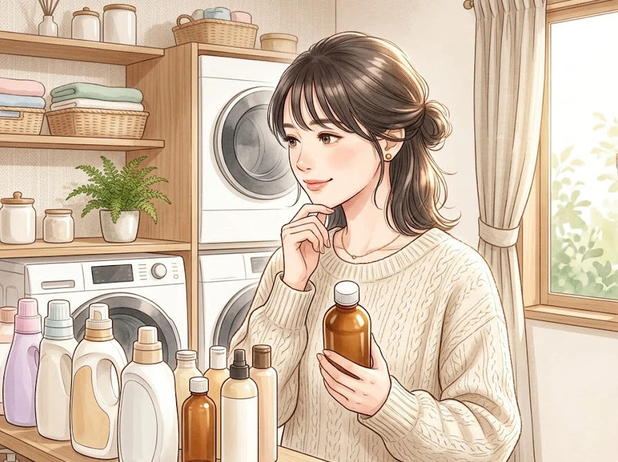 洗濯槽のワカメを溶かすための洗剤選びに悩み、ボトルを見つめながら考える女性