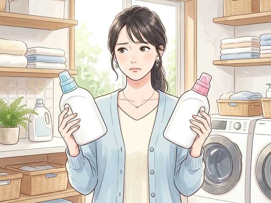 塩素系と酸素系の洗剤を併用する際のリスクに注意し、ボトルを離して持つ女性