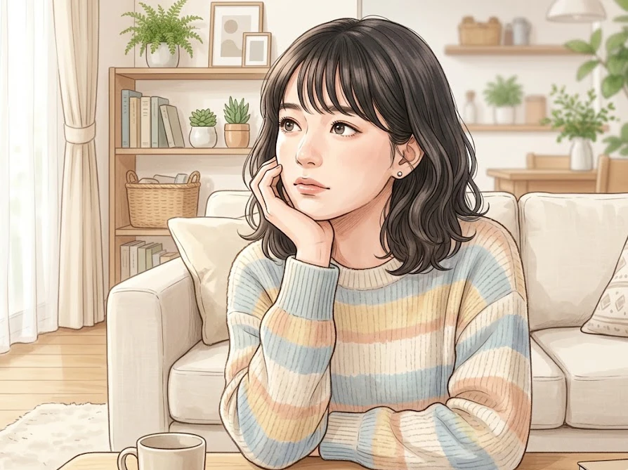 洗濯槽のワカメ汚れや掃除に関する疑問について、頬杖をつきながら考える女性