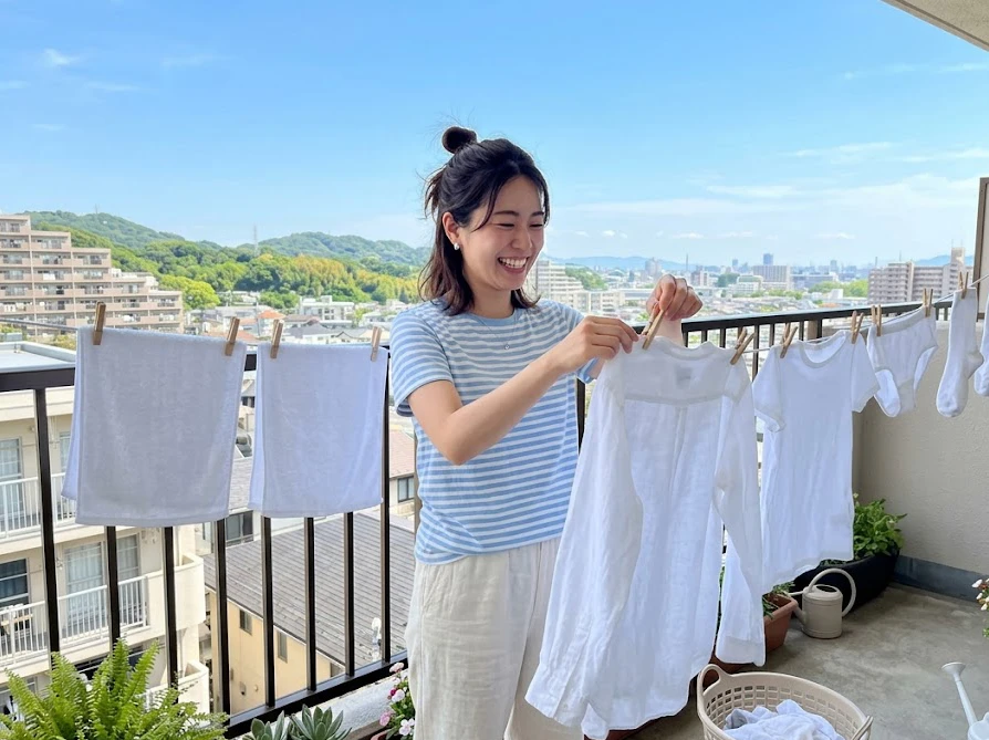 ワカメを溶かす洗剤で洗濯槽を掃除し、青空の下で気持ちよく洗濯物を干す女性