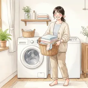 洗濯槽のワカメ汚れをきれいに掃除して、笑顔で洗濯カゴを持つ女性