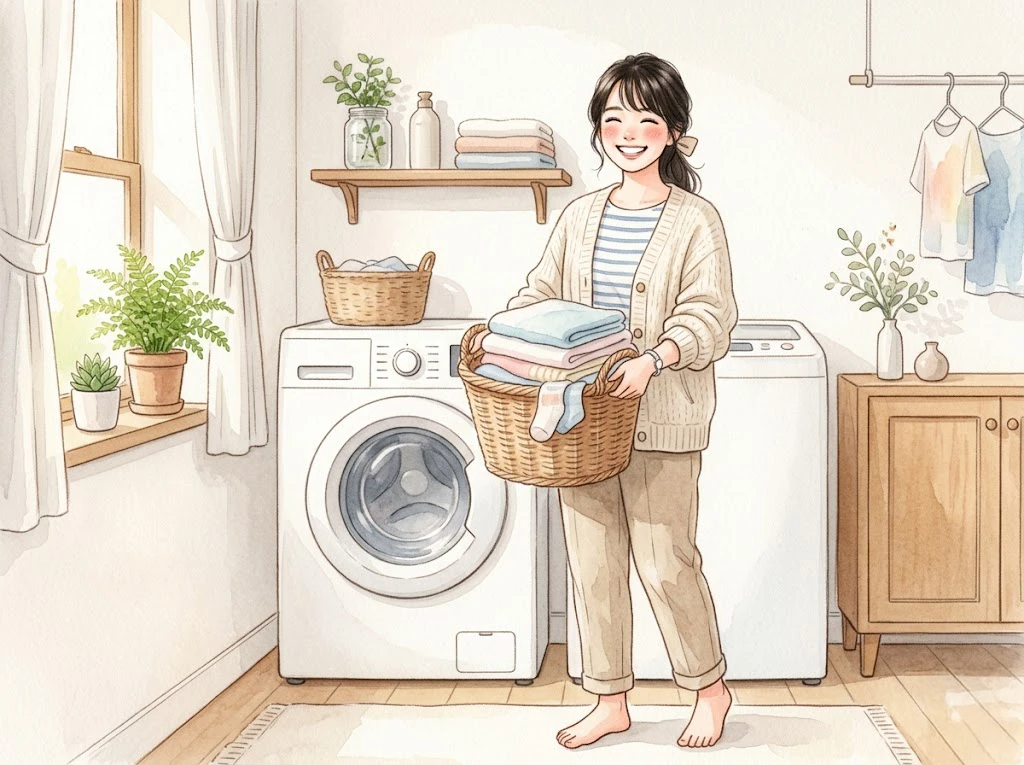 洗濯槽のワカメ汚れをきれいに掃除して、笑顔で洗濯カゴを持つ女性