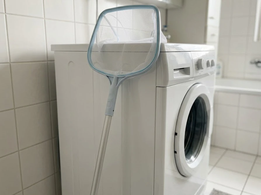 洗濯槽の黒カビをすくう代用品として活用できる、持ち手が長く清潔なお風呂の湯アカすくい網