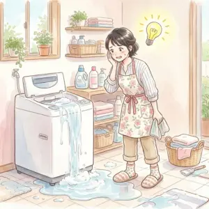 洗濯機の水漏れトラブルに悩みつつ解決策を見つける女性
