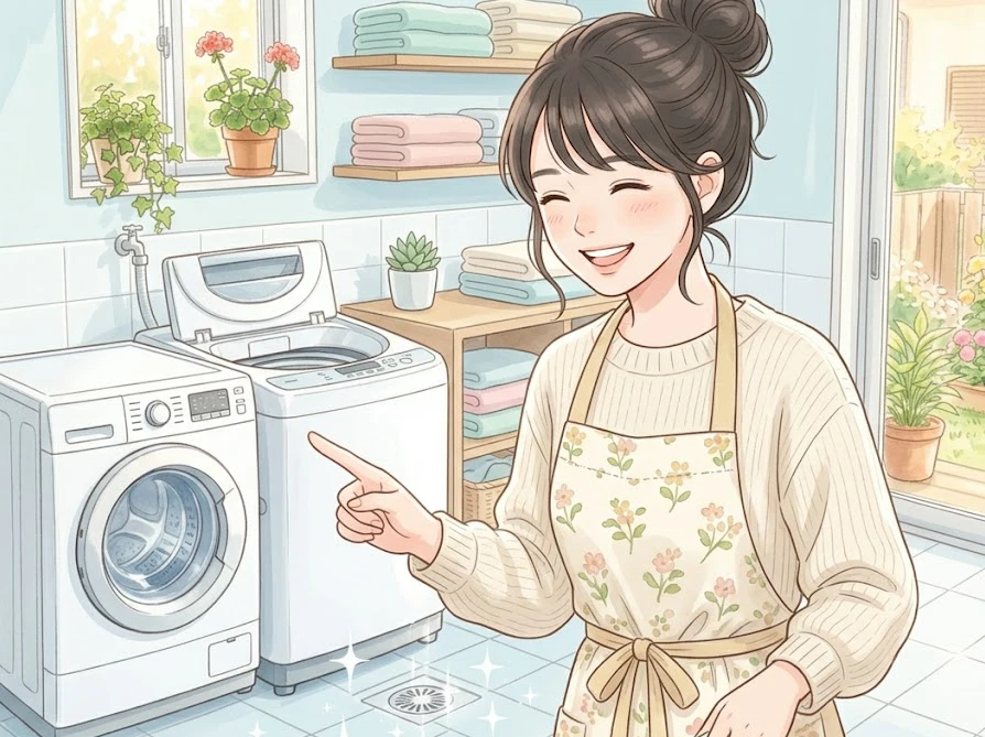 綺麗になった洗濯機の排水口を見て安心する女性