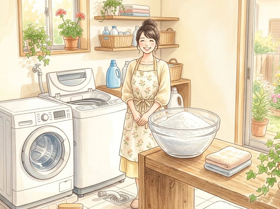 洗濯機からあふれた水をタオルで急いで拭き取る緊急時の対処