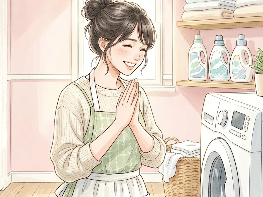 洗濯機の排水トラブルが解決して綺麗になった洗面所で喜ぶ女性