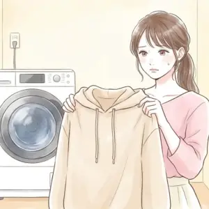 洗濯槽の穴にパーカーの紐が入って取れずに困っている女性の様子