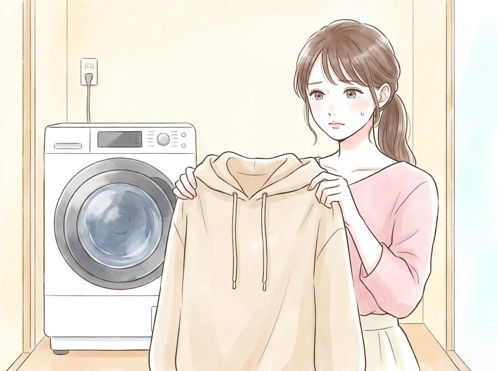 洗濯槽の穴にパーカーの紐が入って取れずに困っている女性の様子