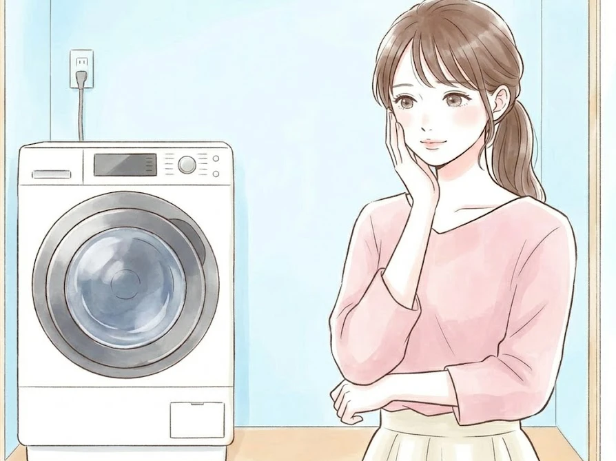 洗濯槽の紐トラブルに対して慌てずに正しい対処法を考えている女性