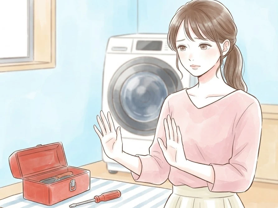 洗濯機を自力で分解しようとするのを止めている、安全を促す女性