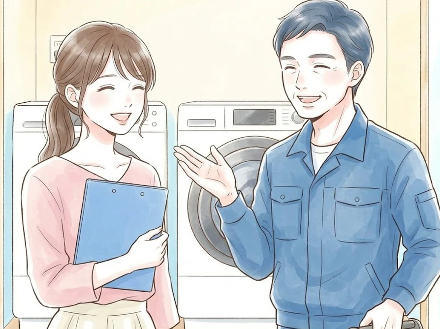 専門の修理業者から洗濯機の点検と修理費用の見積もりを受け取り安心する女性