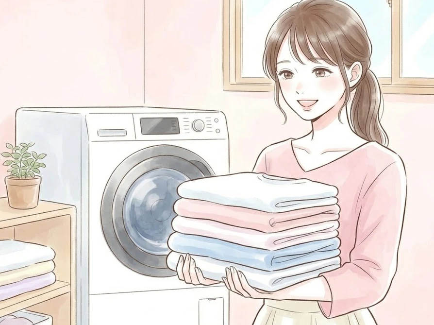 紐が穴に入るトラブルを無事に解決し、安心して毎日の洗濯を楽しむ女性