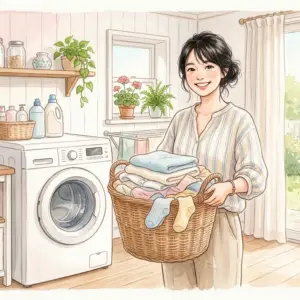 洗濯機の横で綺麗な衣類が入ったカゴを持ち、笑顔で立つ女性。洗濯槽周りの悩み解消を表現。