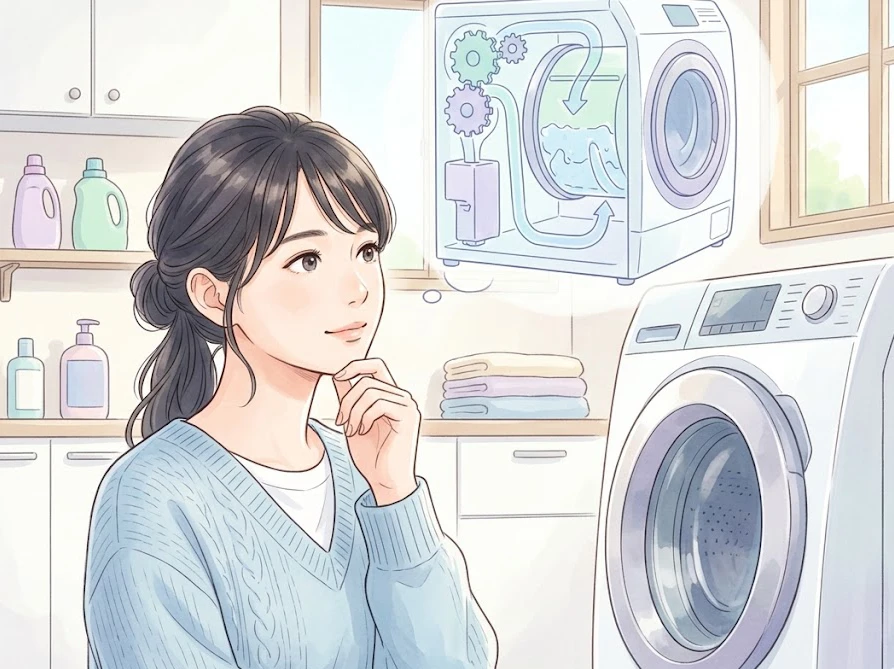 洗濯槽の外側に水が残る原因を考えながら、清潔な洗濯機の前に立つ女性の姿。