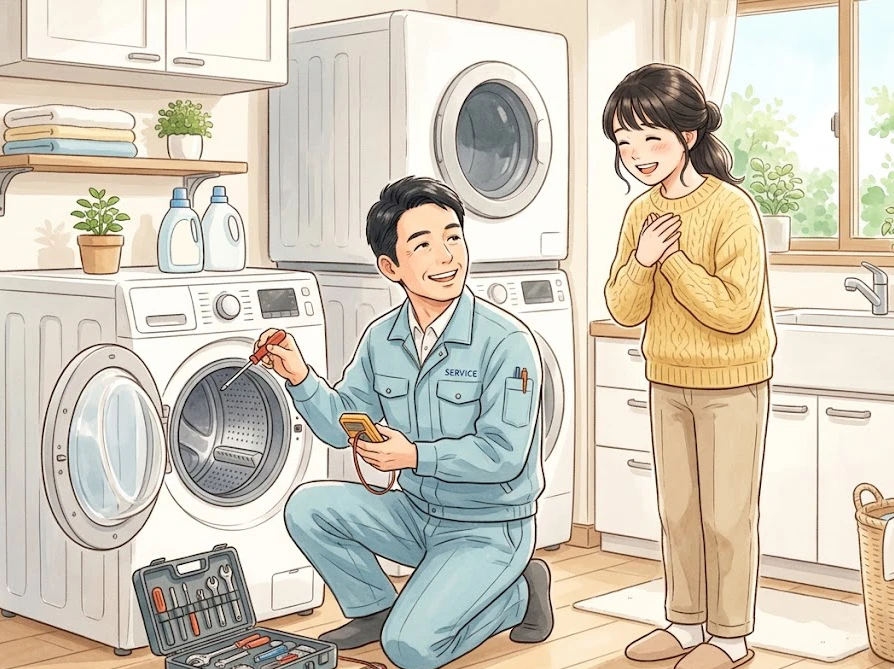 水漏れなどの異常時に点検を行う修理業者のスタッフと、横で安心した表情を浮かべる女性。