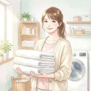 洗濯槽の白いカス悩みを解決し、ふんわり清潔なタオルを抱えて笑顔を見せる女性