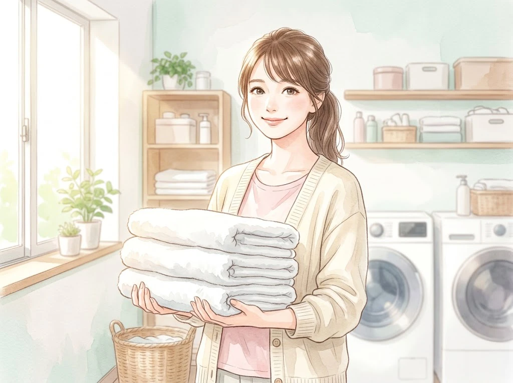 洗濯槽の白いカス悩みを解決し、ふんわり清潔なタオルを抱えて笑顔を見せる女性