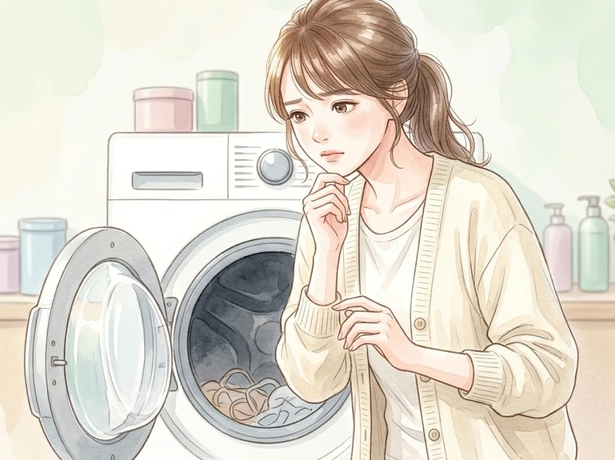 洗濯機の中をのぞき込み、発生した白いカスや頑固な汚れに悩んでいる女性