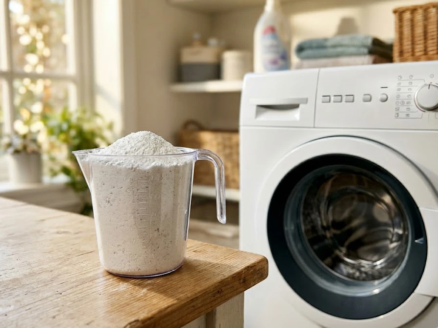 白いカスの原因となる粉末洗剤の溶け残りを防ぐため、しっかりと計量している様子
