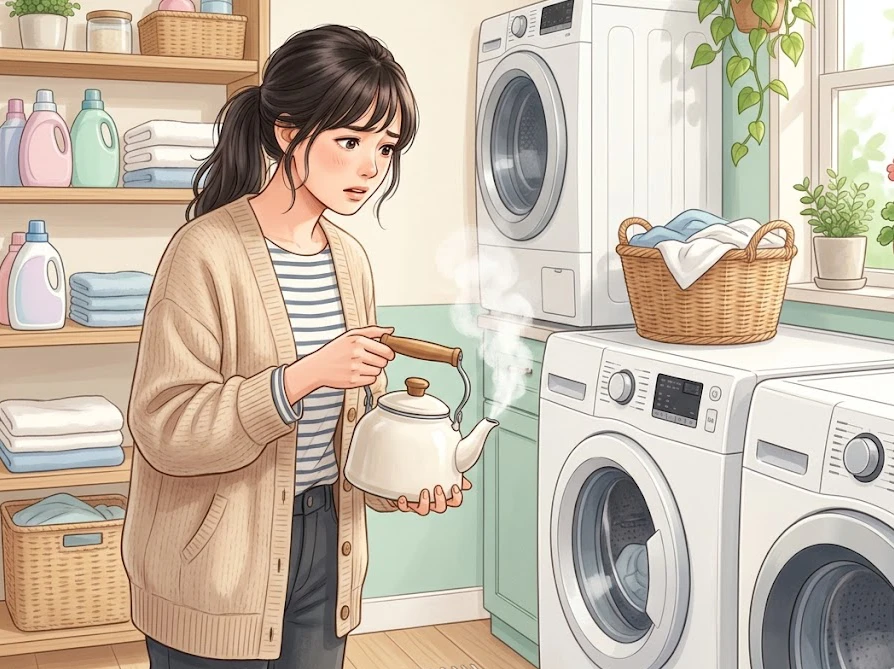 洗濯槽の白いカスを落とすために熱湯を注ごうとする、NGな掃除方法のイメージ