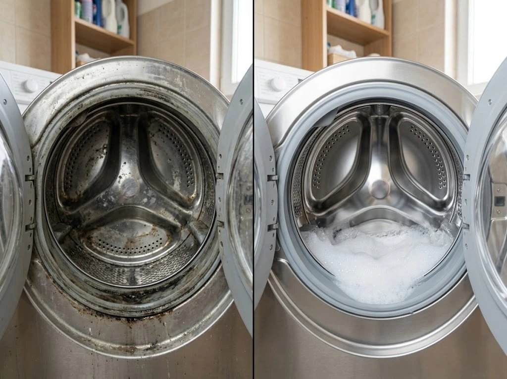 重曹やオキシクリーンを使って洗濯槽の汚れが綺麗に落ちる前後の比較