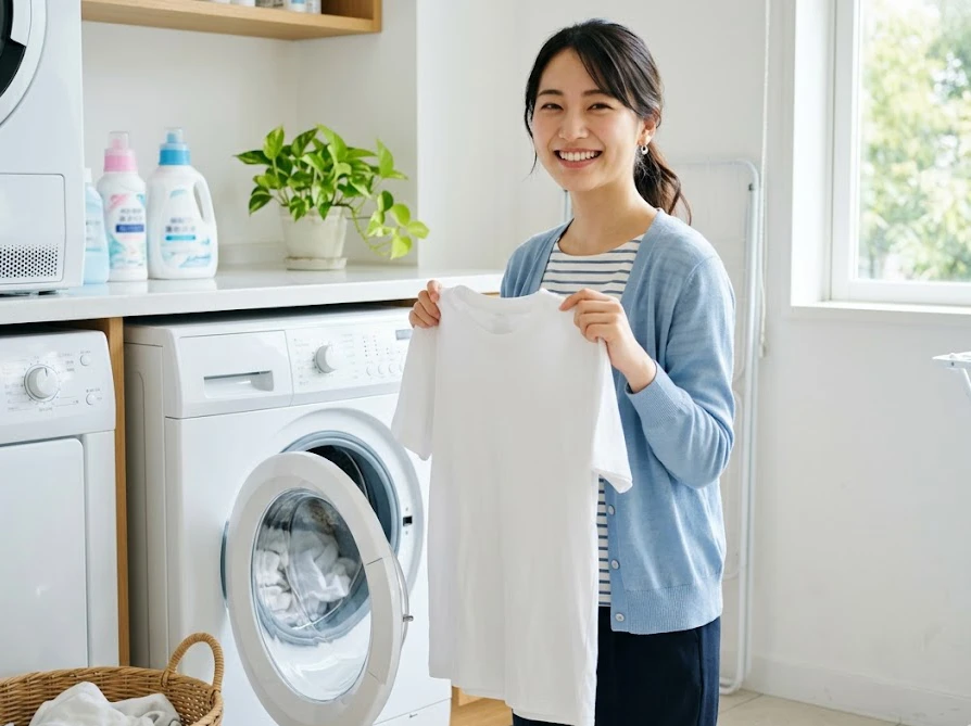 洗濯槽の白いカスが綺麗に取れ、スッキリ洗い上がったシャツを見て喜ぶ女性