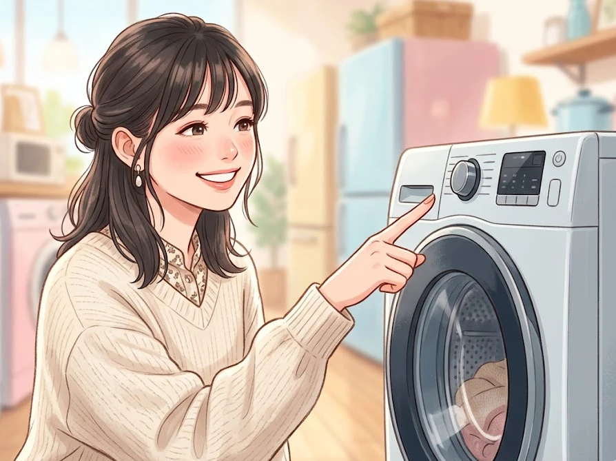 家電量販店で国内メーカーのドラム式洗濯機を選ぶ女性